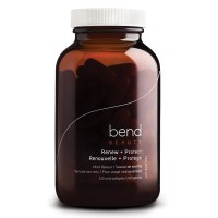 Single amber bottle with white screw top lid with soft gel capsules of Bend Beauty Renew + Protect Formula